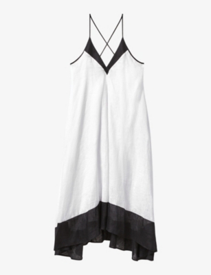 Shop Reiss Stevie Colour-block Cross-back Linen Maxi Dress In Navy/white