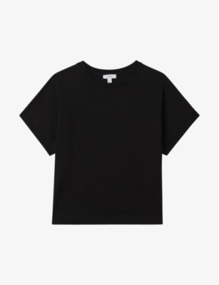 Reiss Womens Black Lois Cropped Cotton T-shirt