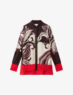 Reiss Burgundy/cream Kari Printed High-low Button-through Shirt In Burgundy/cream
