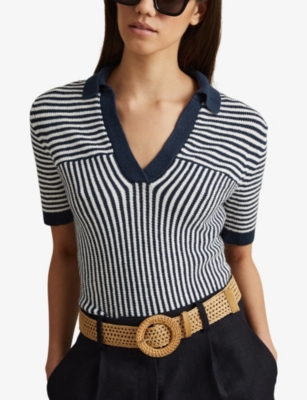 Shop Reiss Women's Navy/ivory Stevie Open-collar Stripe Knitted Polo