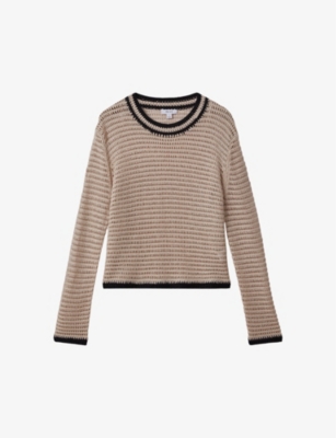 REISS WOMENS ASTRID CONTRAST-TIP RELAXED-FIT KNITTED JUMPER NEUTRAL/NAVY