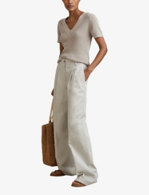 Shop Reiss Women's Neutral Rosie V-neck Short-sleeve Knitted Top