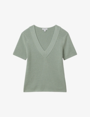 REISS: Rosie V-neck short-sleeve knitted top