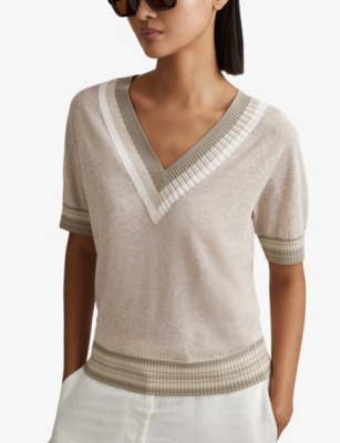 Shop Reiss Women's Neutral Sadie V-neck Short-sleeve Cotton-blend Top