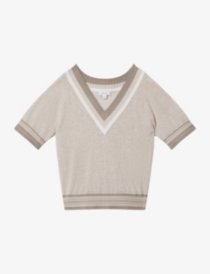Shop Reiss Sadie V-neck Short-sleeve Cotton-blend Top In Neutral