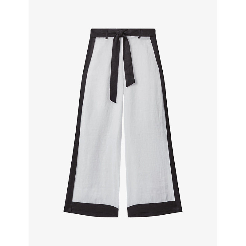 Shop Reiss Women's White/navy Harlow Colour-block High-rise Linen Trousers
