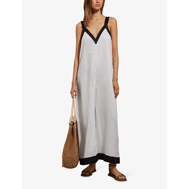Shop Reiss Women's White/navy Aida Wide-leg Colour-block Linen Jumpsuit