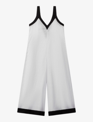 Shop Reiss Women's White/vy Aida Wide-leg Colour-block Linen Jumpsuit In White/navy