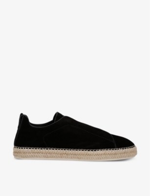 Shop Zegna Mens Black Triple Stitch Suede Espadrilles