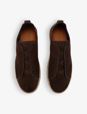 Shop Zegna Men's Dark Brown Triple Stitch Suede Espadrilles