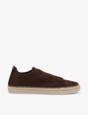 Shop Zegna Men's Dark Brown Triple Stitch Suede Espadrilles