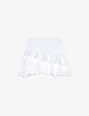 Shop Maje Women's Blanc Lace-embroidered Ruffle-trim Cotton Mini Skirt