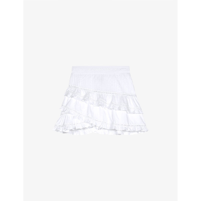 Maje Womens Blanc Lace-embroidered Ruffle-trim Cotton Mini Skirt