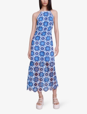 Shop Maje Women's Bleus Clover-motif Crochet Knitted Midi Dress