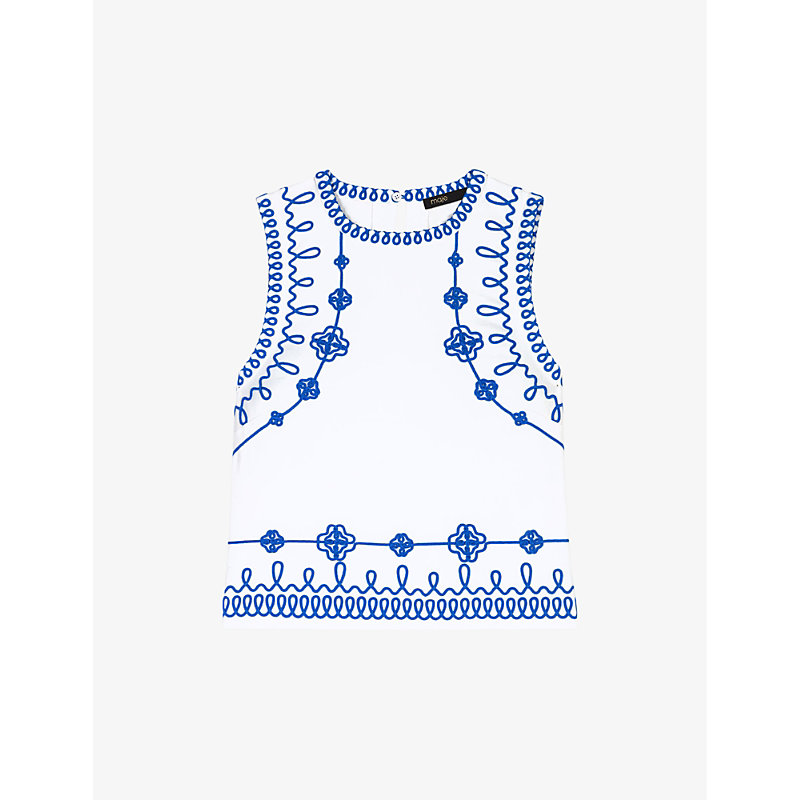 Maje Womens Blanc Embroidered Sleeveless Stretch-cotton Top In Blue