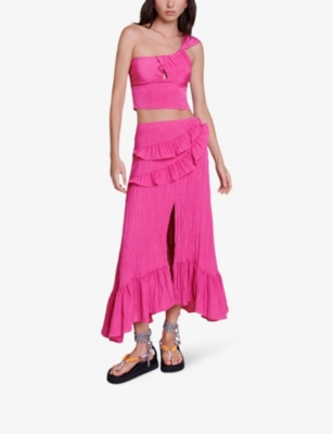 Shop Maje Women's Roses Ruffled Crinkle Embossed-satin Maxi Skirt