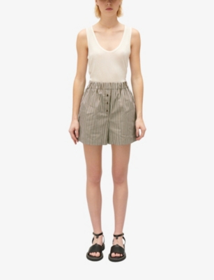 Shop Claudie Pierlot Women's Verts Striped Elasticated High-rise Cotton Shorts