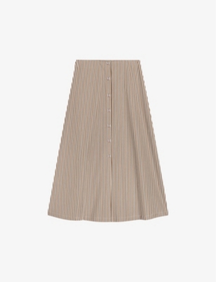 Shop Claudie Pierlot Womens Bruns Stripe-pattern Cotton Midi Skirt