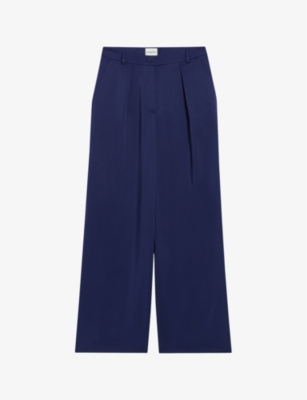 Shop Claudie Pierlot Women's Bleus Pleated Wide-leg Mid-rise Woven Trousers
