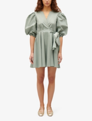 Shop Claudie Pierlot Women's Verts Wrap-front Puff-sleeve Cotton Mini Dress