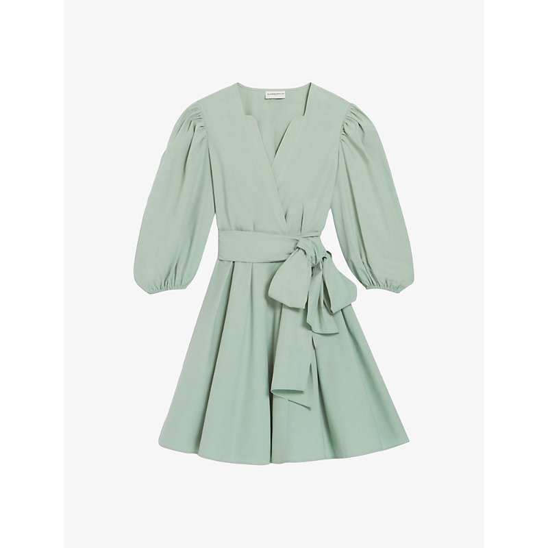 Shop Claudie Pierlot Women's Verts Wrap-front Puff-sleeve Cotton Mini Dress