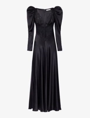 Shop Rodarte Women's Black Lace-panel Puff-sleeve Silk Maxi Dress