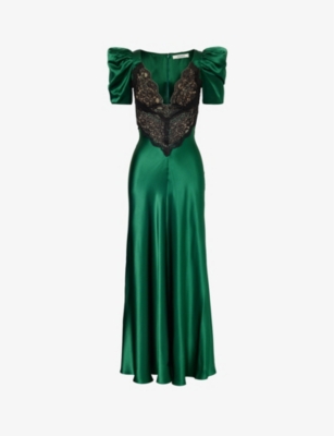 Rodarte Womens Green Lace-panel V-neck Silk Maxi Dress
