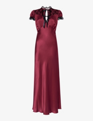 Shop Rodarte Women's Red Lace-trim Flared-hem Silk Maxi Dress