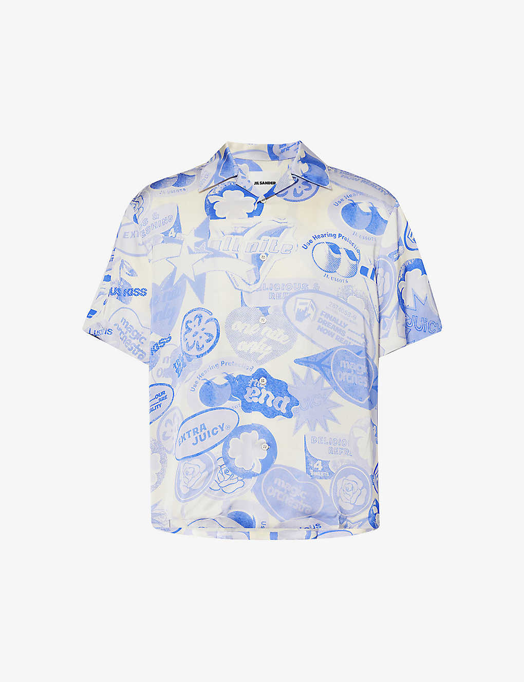 Jil Sander Mens White Blue Graphic-print Relaxed-fit Satin Shirt