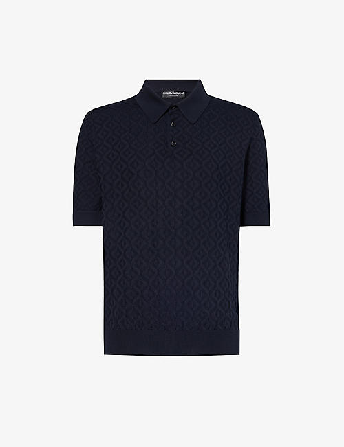 DOLCE & GABBANA: Brand-patterned knitted-texture silk polo shirt