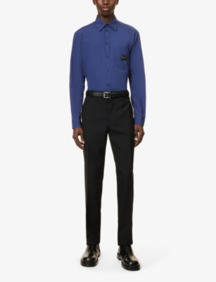 Shop Dolce & Gabbana Men's Blue Brand-plaque Curved-hem Regular-fit Cotton Shirt