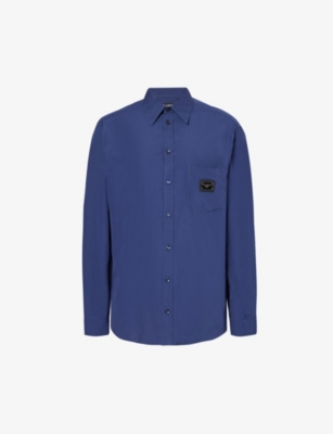 Dolce & Gabbana Brand-plaque Curved-hem Regular-fit Cotton Shirt In Blue