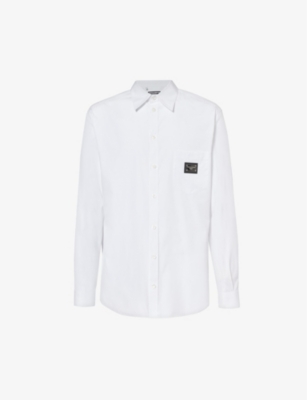 Shop Dolce & Gabbana Men's Optical White Brand-plaque Curved-hem Regular-fit Cotton Shirt