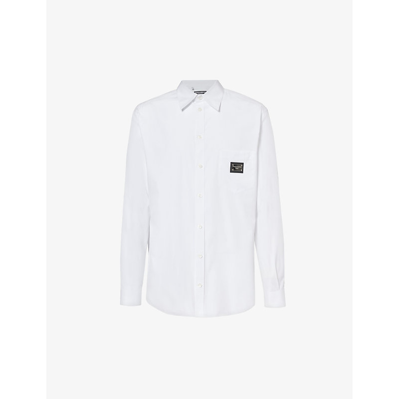 Shop Dolce & Gabbana Brand-plaque Curved-hem Regular-fit Cotton Shirt In Optical White