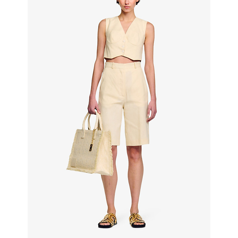 Shop Sandro Women's Naturels Corset-style Cropped Stretch Linen-blend Waistcoat