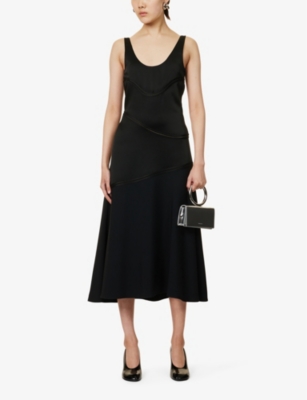 Shop Jil Sander Womens Black Broderie-trim Sleeveless Satin Midi Dress