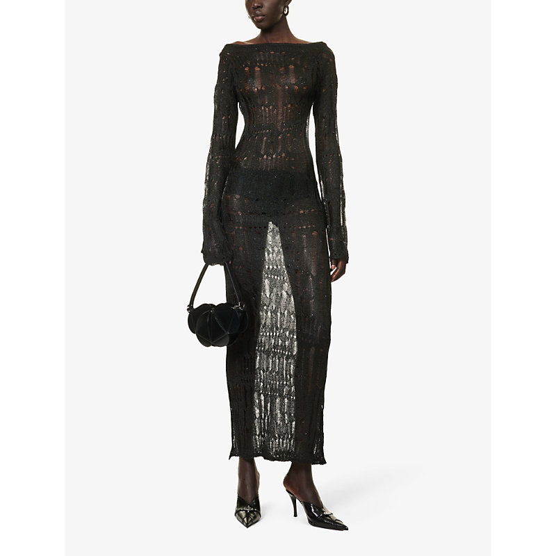 Shop Jaded London Women's Black Long-sleeved Open-back Knitted Maxi Dress