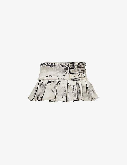 JADED LONDON: Pleated faded-wash low-rise denim mini skirt