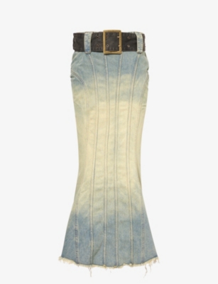 Jaded London Womens Denim Blue Fishtail Belted Denim Maxi Skirt
