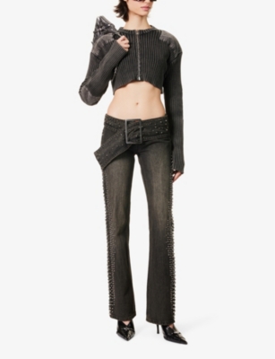 Shop Jaded London Women's Black Studded Low-rise Bootcut-leg Jeans