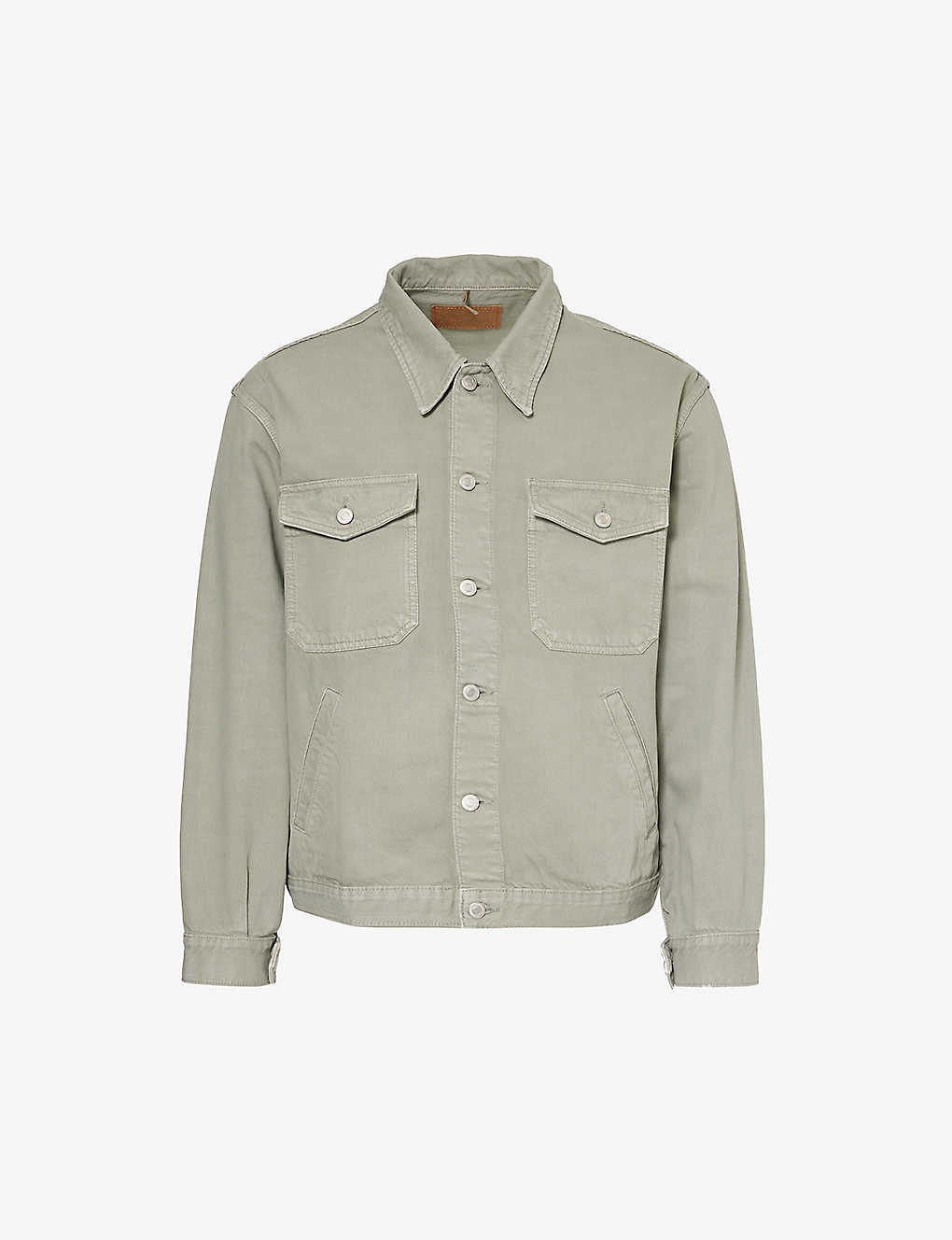 Jeanerica Mens Light Olive Green Flo Point-collar Boxy-fit Recycled Denim-blend Jacket