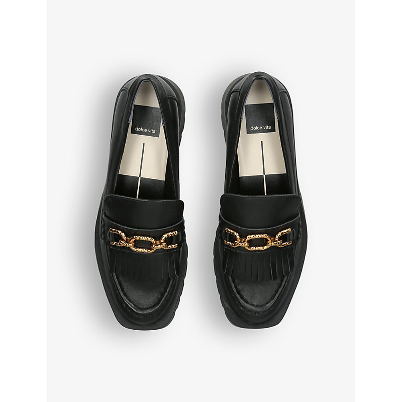 Shop Dolce Vita Erna Chain-embellished Fringed Leather Loafers In Black