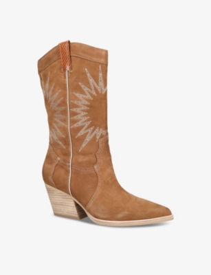 Shop Dolce Vita Lawson Sunburst-embroidered Leather Heeled Cowboy Boots In Tan
