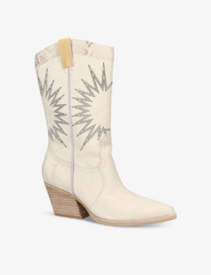 Shop Dolce Vita Women's Beige Lawson Sunburst-embroidered Leather Heeled Cowboy Boots