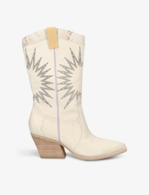 Shop Dolce Vita Lawson Sunburst-embroidered Leather Heeled Cowboy Boots In Beige