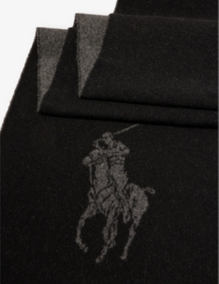 Shop Polo Ralph Lauren Women's Black Charcoal Logo-motif Recycled-wool-blend Scarf
