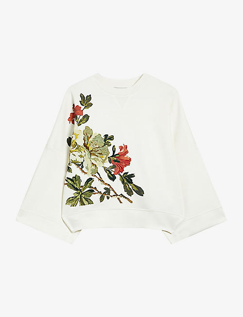 TED BAKER: Laurale floral-embroidered relaxed-fit stetch-woven jumper