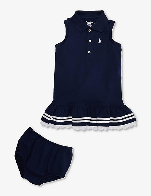 POLO RALPH LAUREN: Baby Girl logo-embroidered frilled trim stretch-cotton dress and bloomers set