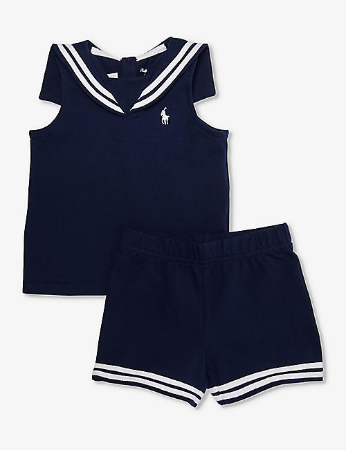 POLO RALPH LAUREN: Baby Boy logo-embroidered contrast-stripe two-piece  stretch-cotton set