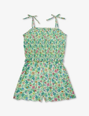 Shop Polo Ralph Lauren Girlskids Girls' Floral-print Shirred-panel Cotton-poplin Playsuit In Multi